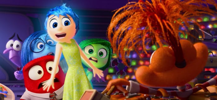 Joy holds back Anger, Disgust, Sadness, and Fear when Anxiety enters Riley's mind.