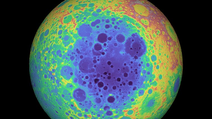 An elevation map of the Moon's far side shows a region where the center is low, and the mountains on...