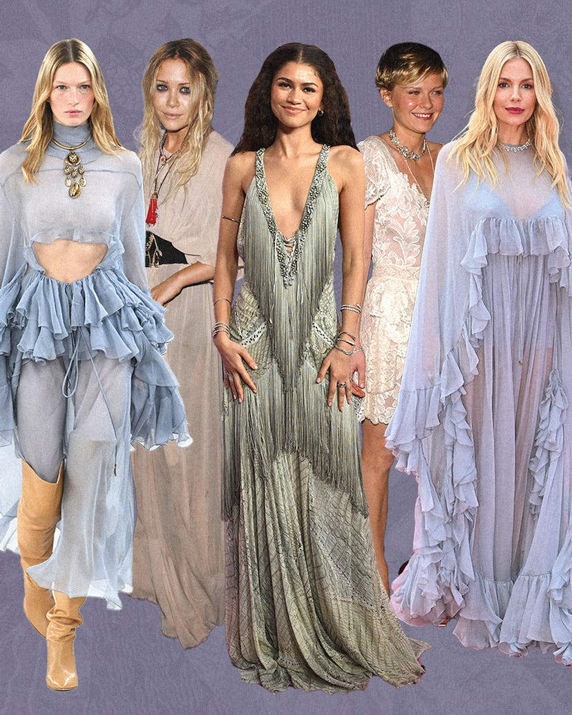 A collage of models on the runway, celebs, and actresses wearing the boho trend