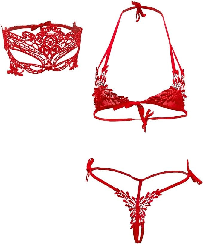 HOTSO Lace Lingerie Bra, Panty, and Eye Mask Set (3 Pieces)