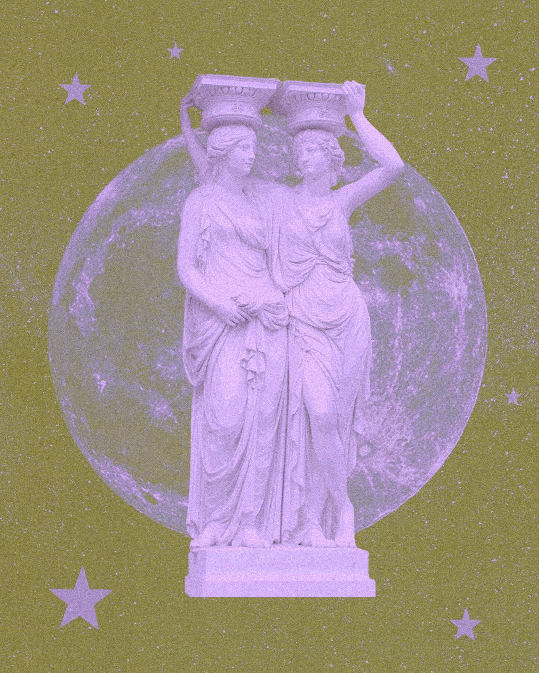 an illustration of two stone grecian gods holding columns on their heads standing in front of a full...