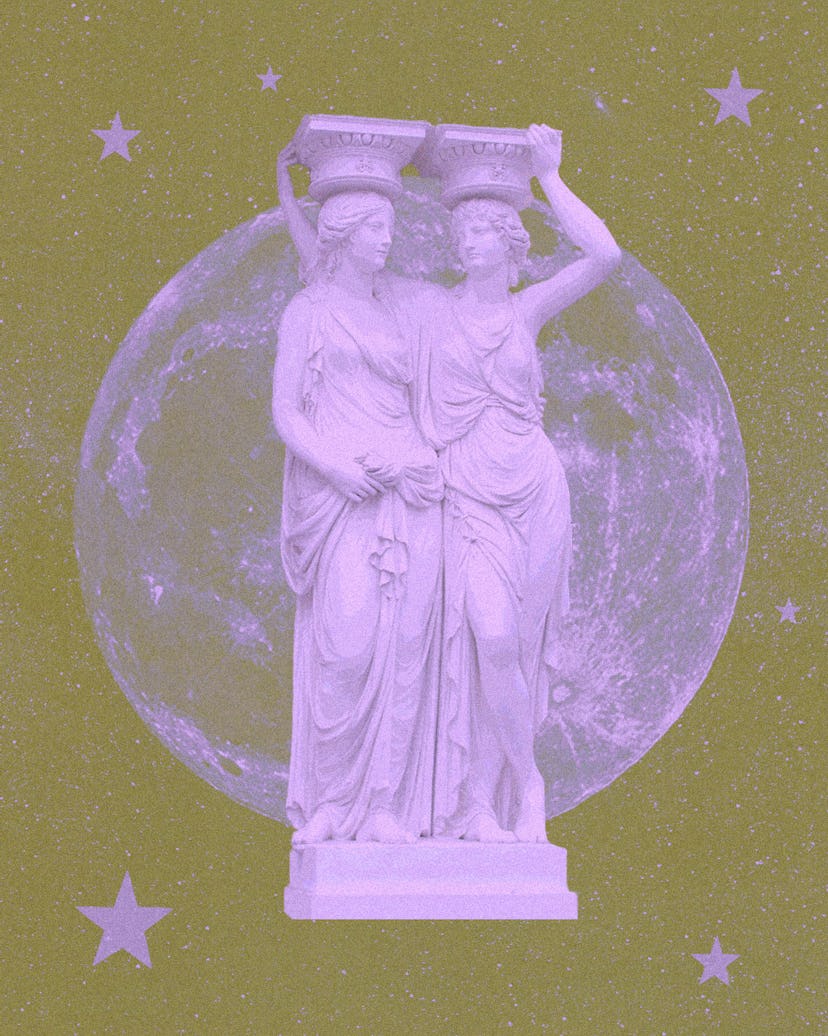 an illustration of two stone grecian gods holding columns on their heads standing in front of a full...