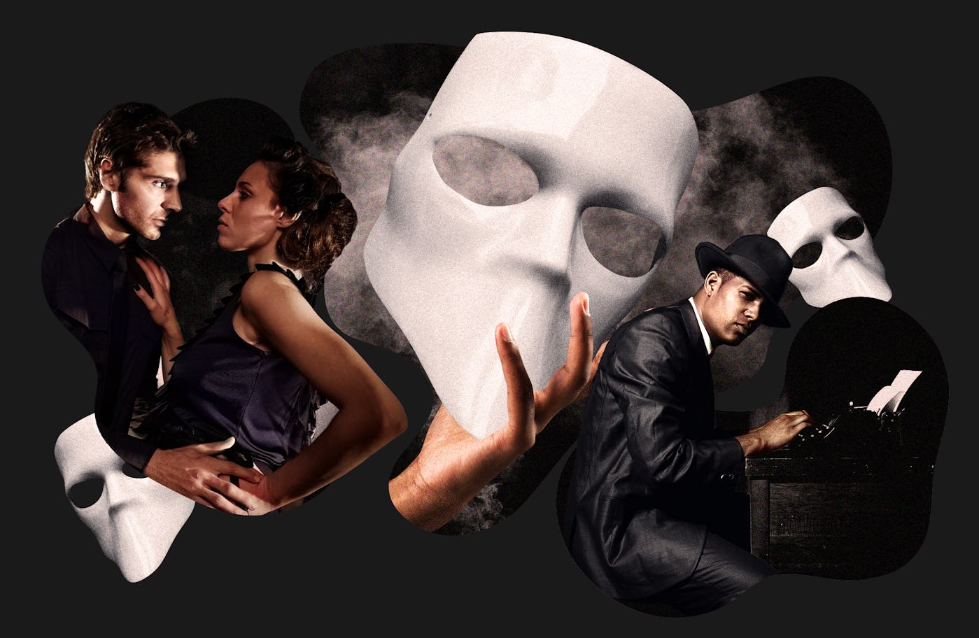 Artistic collage of a couple embracing, a man in a hat holding a briefcase, and a large floating mask surrounded by smoke.