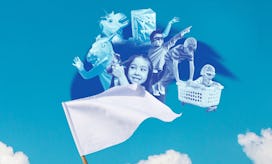 Children in a laundry basket below a wave of fantasy items