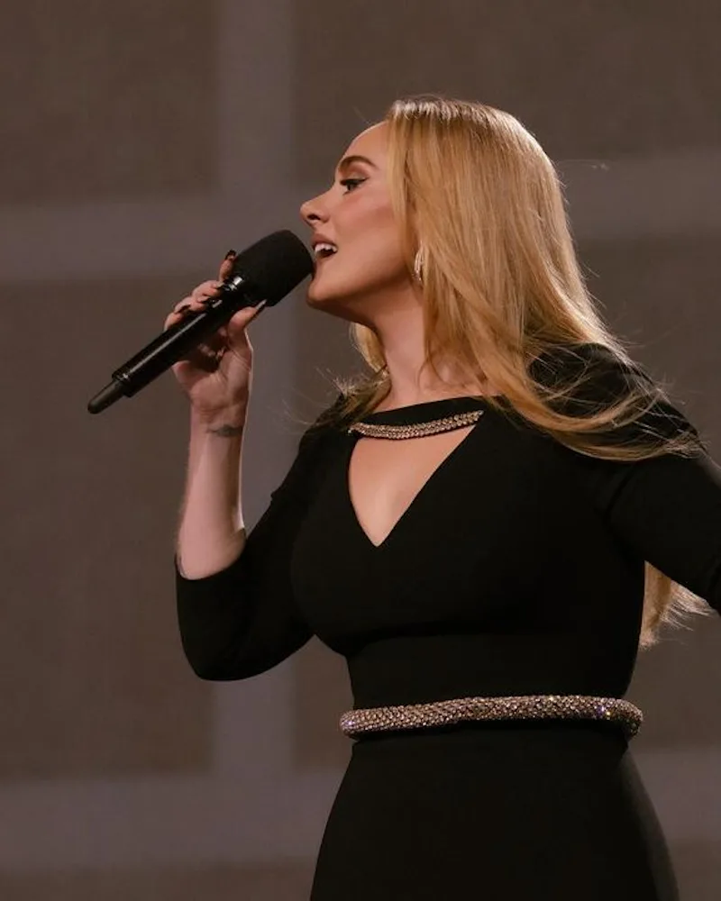 adele black and gold dress Adele Sparkles in Louis Vuitton & Schiaparelli Gowns at London Concert