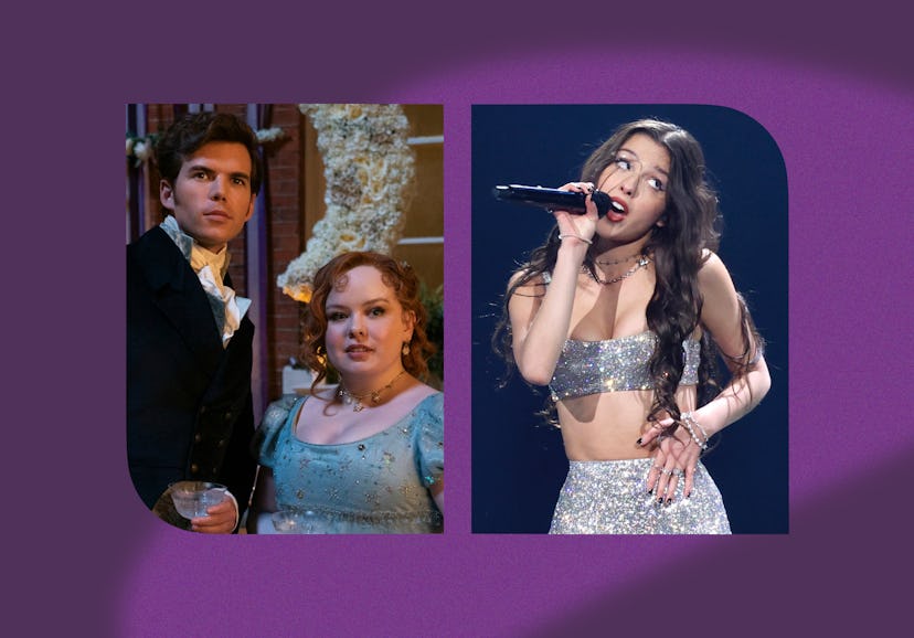 'Bridgerton' Season 3 cast members Luke Newton and Nicola Coughlan, and Olivia Rodrigo.