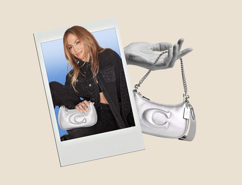 Jennifer Lopez carries the Coach Teri Shoulder Bag in metallic silver.