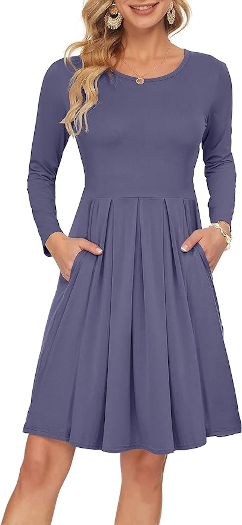 AUSELILY Long Sleeve Pleated Swing Dress 