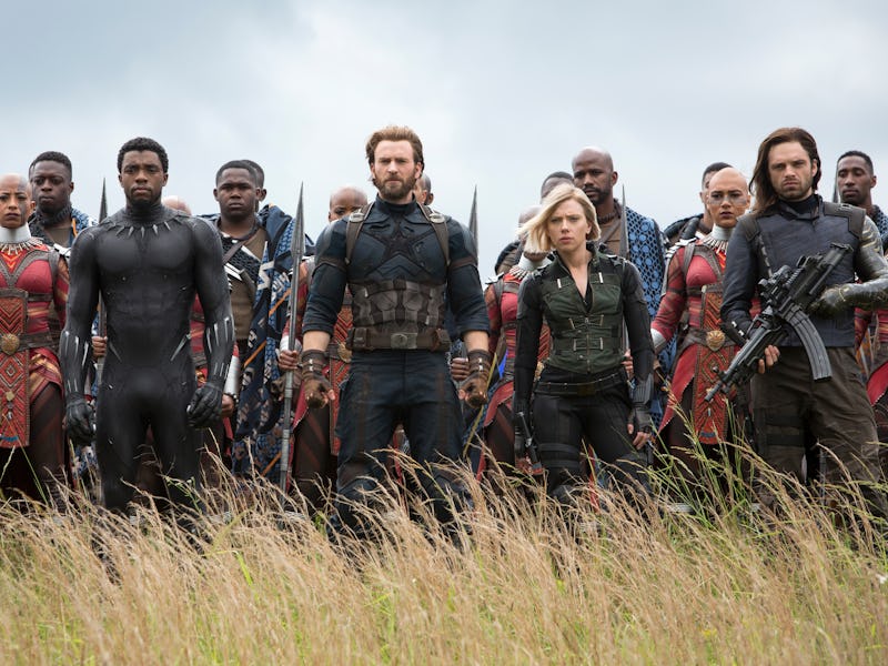 Danai Gurira, Chadwick Boseman, Chris Evans, Scarlett Johanssen, and Sebastian Stan in Avengers: Inf...