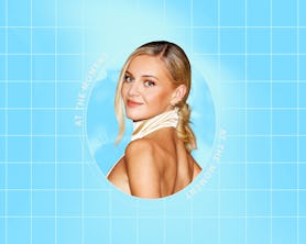 Blonde woman in a white outfit, smiling over her shoulder, against a blue grid background with text ...