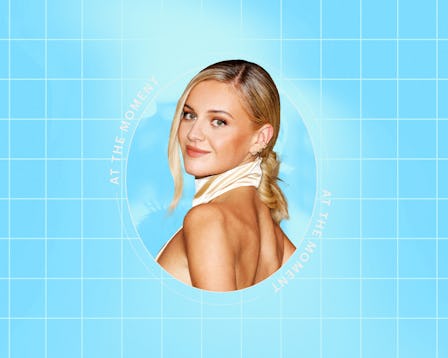 Blonde woman in a white outfit, smiling over her shoulder, against a blue grid background with text ...
