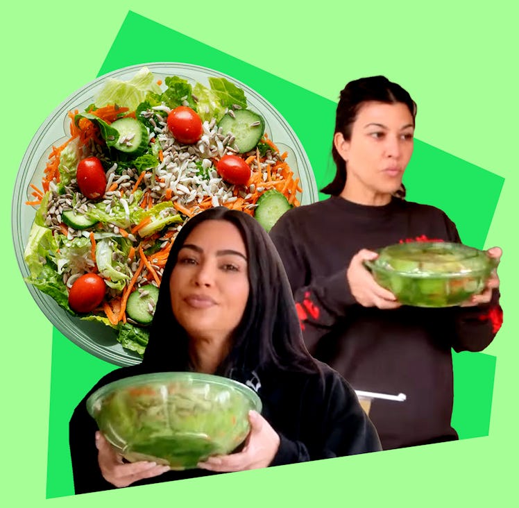 Two women holding large salad bowls with a vibrant, detailed salad background on a green backdrop.