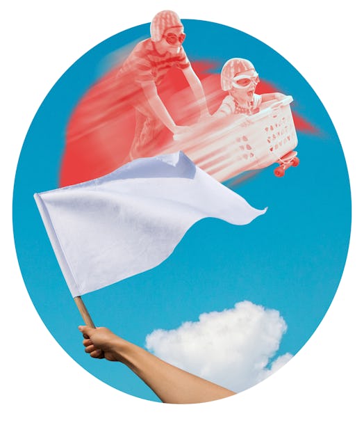 kids pretend flying in a laundry basket, a mom waving the white flag