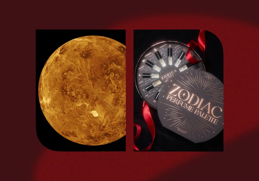 An image split in two sections, one featuring a detailed view of the moon and the other a "Zodiac Pe...