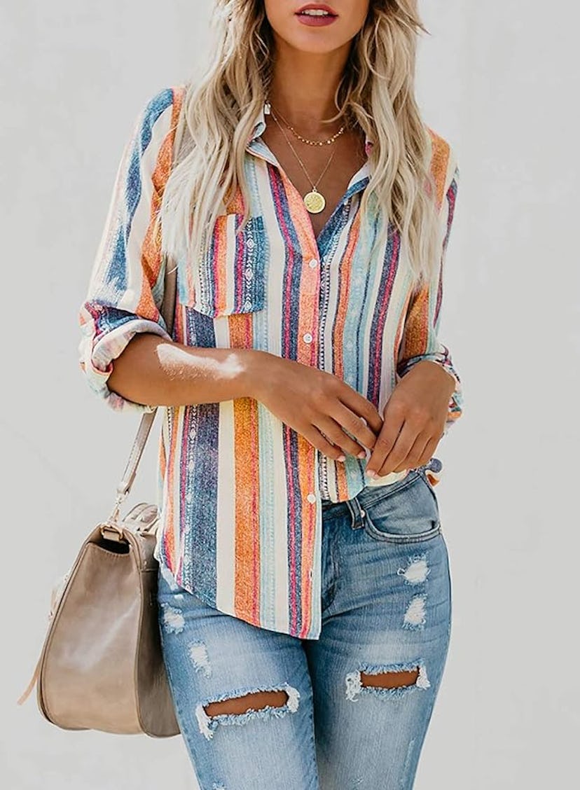 Astylish Striped Roll Up Sleeve Button Down Blouse