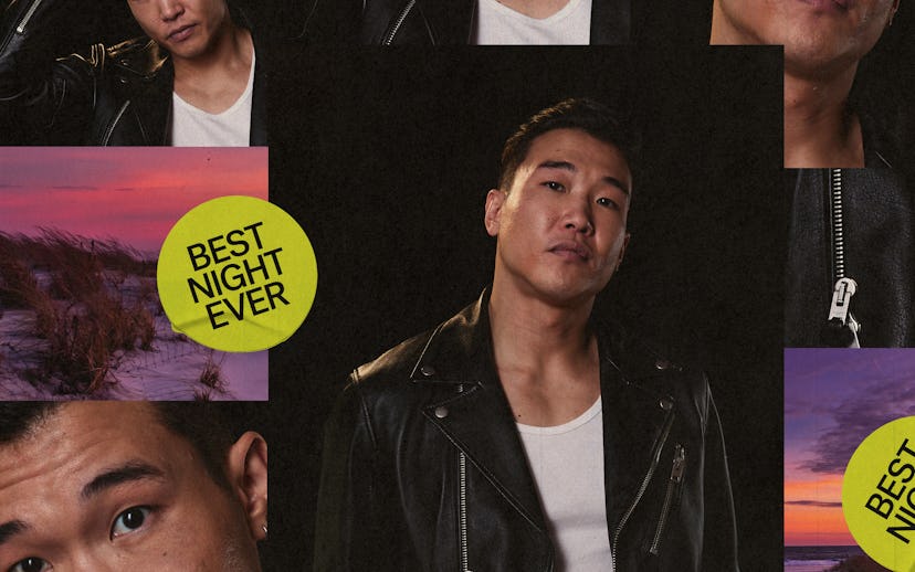 Collage of a man in various poses wearing a leather jacket, with stickers reading "BEST NIGHT EVER" ...