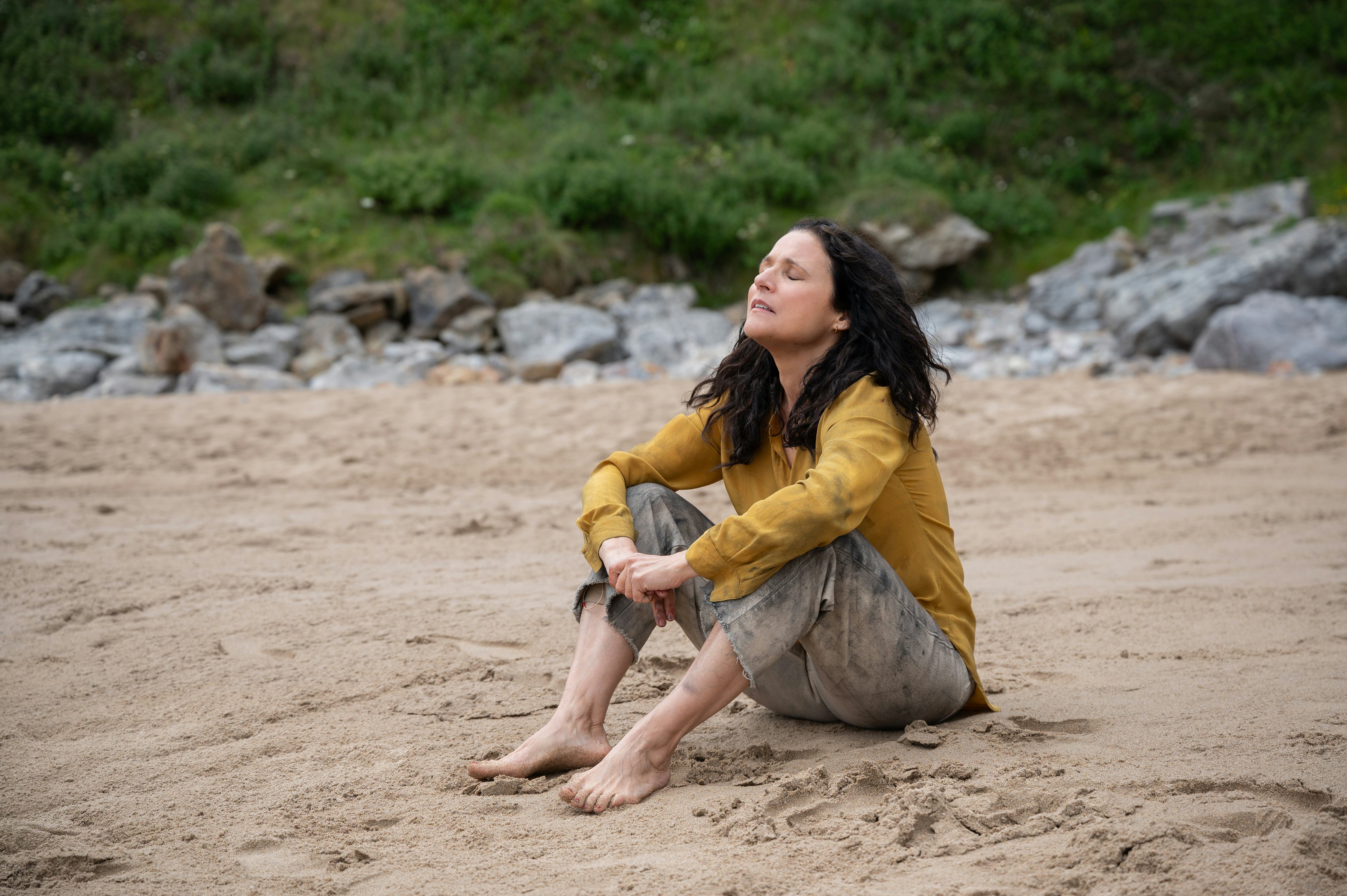 Julia Louis-Dreyfus in Tuesday, in a yellow jacket sitting on a sandy beach, looking contemplative w&hellip;