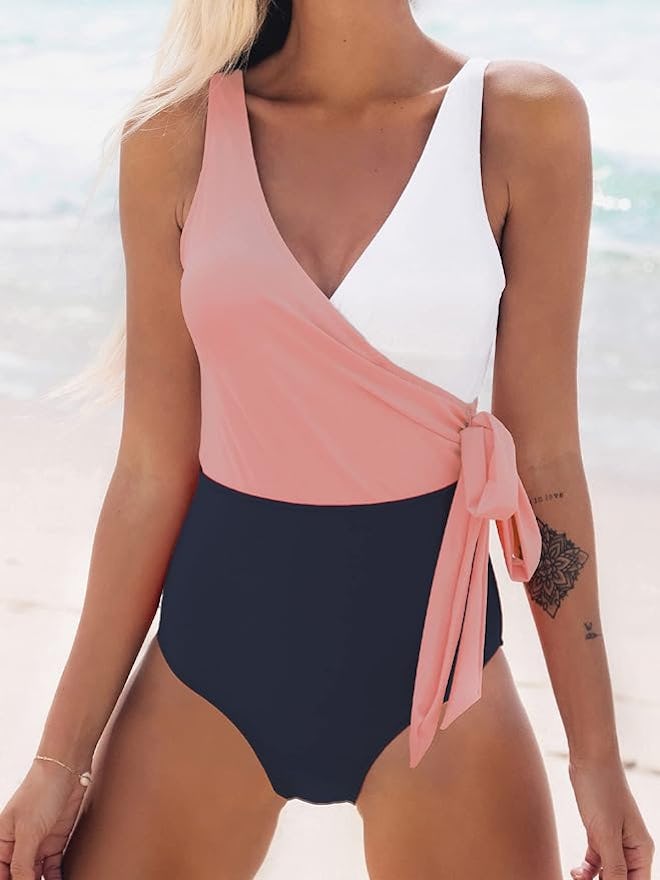 CUPSHE Wrap Colorblock Sash Tie One Piece Swimsuit