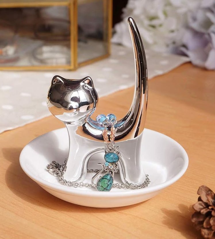 PUDDING CABIN Silver Cat Ring Holder Dish