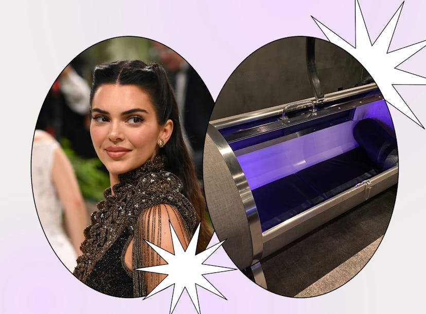 Split image showing a woman at an event next to a photo of a tanning bed, connected by a burst graph...