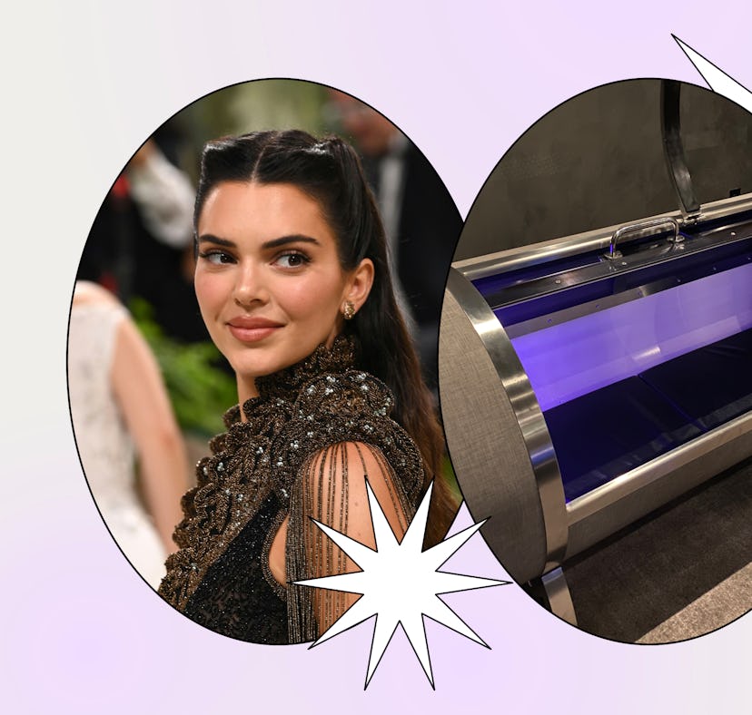 Split image showing a woman at an event next to a photo of a tanning bed, connected by a burst graph...