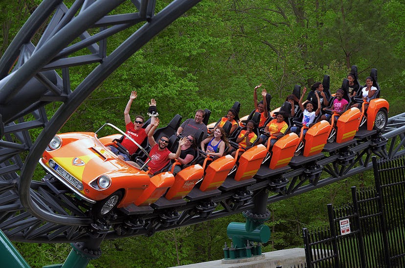 Visitors ride the new Verbolten roller coaster at Busch Gardens during a visit for our travel story ...