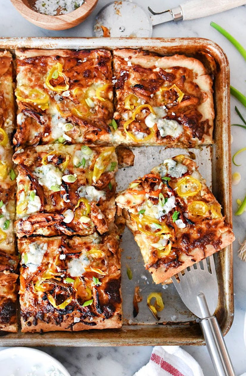Sheet pan BBQ blue cheese chicken pizza is one of the best sheet pan summer dinners.