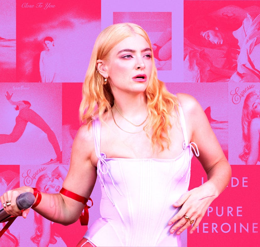 A woman with blonde hair in a white dress holds a microphone, set against a pink collage background ...