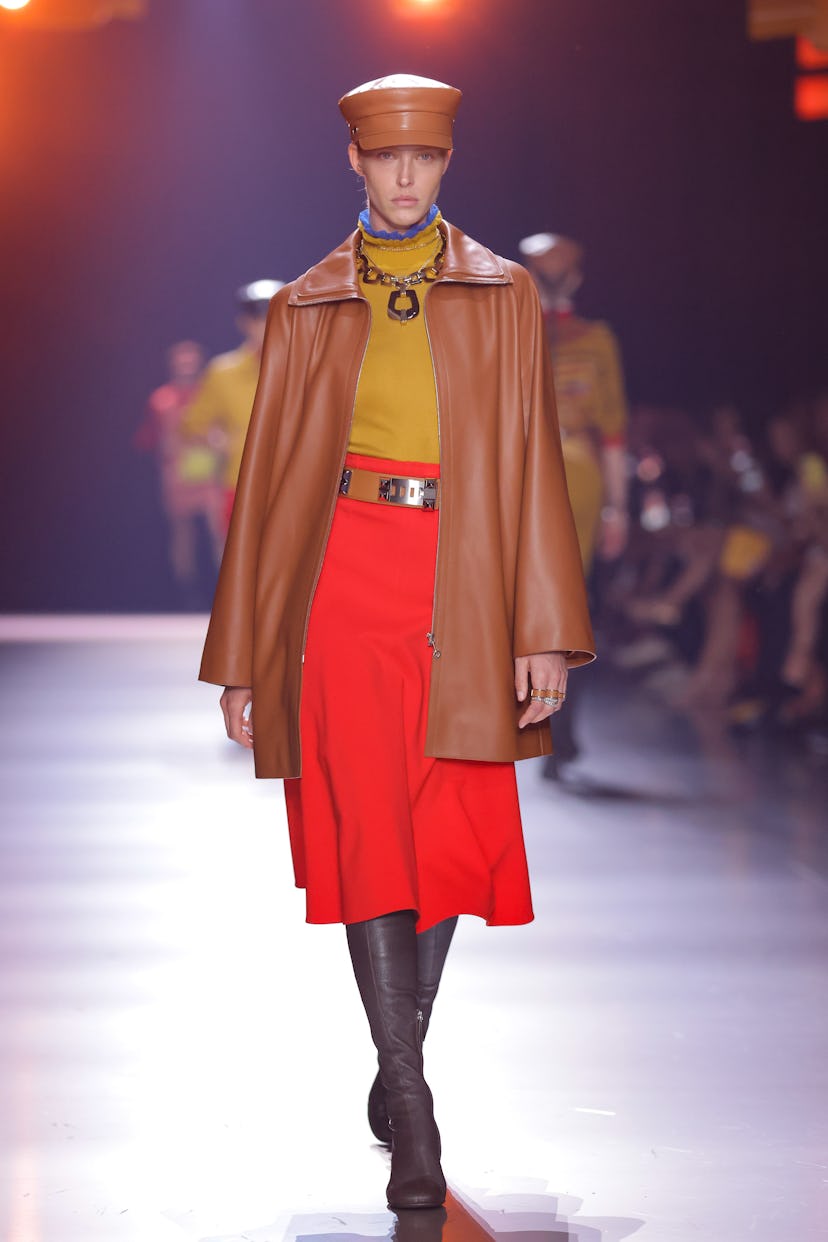 A model walks the runway at The Second Chapter Of The Hermes Women's Fall-Winter 2024 Collection at...