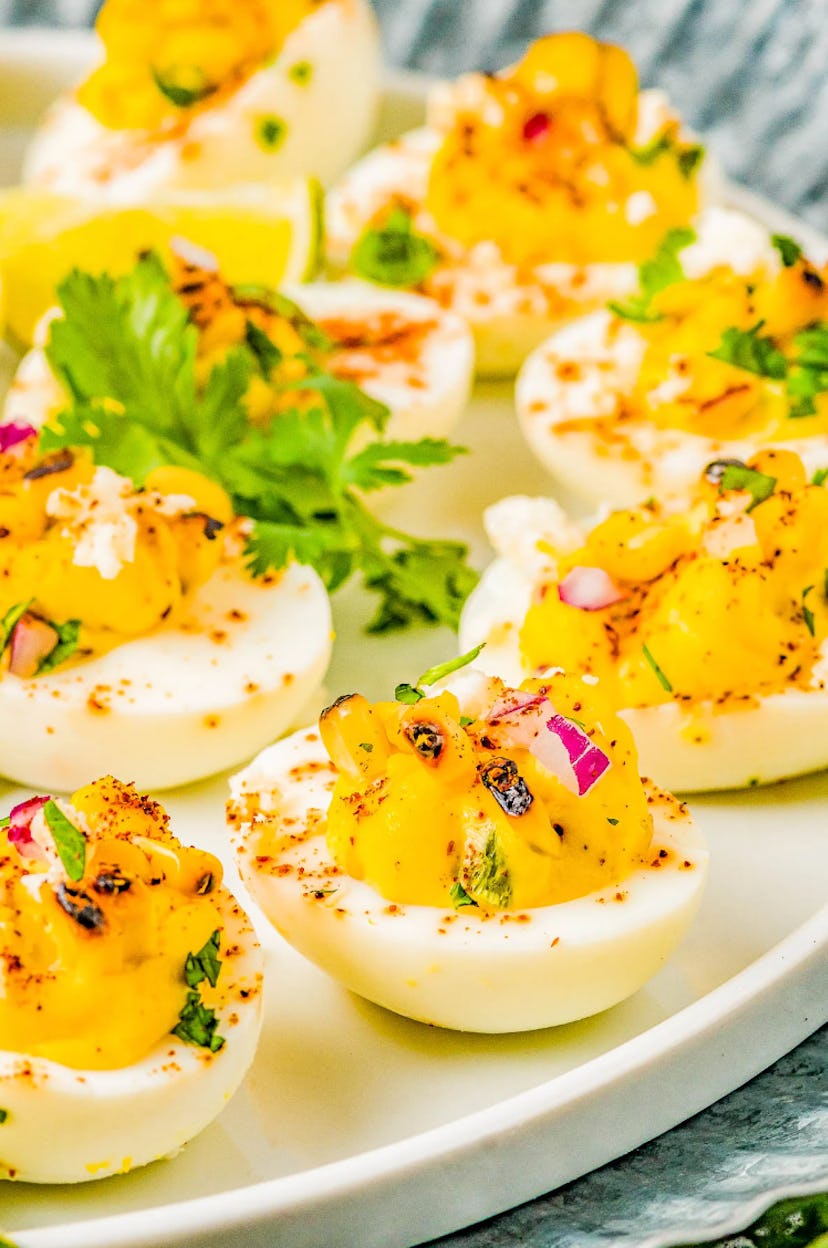 Mexican street corn deviled eggs is one of the best make-ahead summer appetizers.