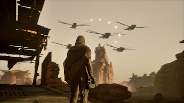 A screenshot from the game 'Dune: Awakening,' featuring a person in a stillsuit watching ornithopter...