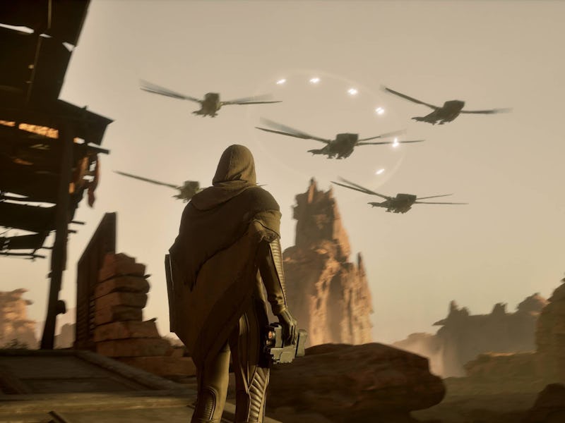 A screenshot from the game 'Dune: Awakening,' featuring a person in a stillsuit watching ornithopter...