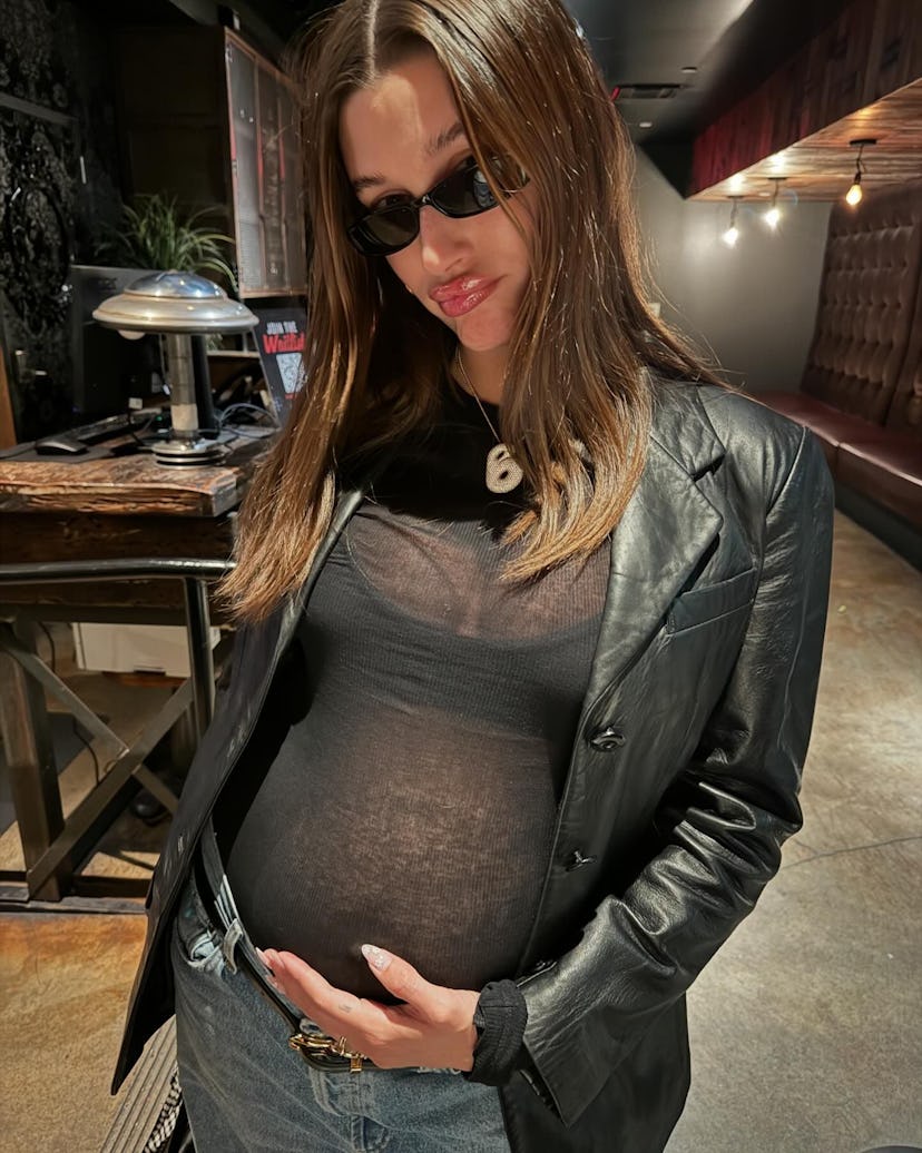 Hailey Bieber wore a semi-sheer T-shirt with jeans on husband Justin Bieber’s Instagram.