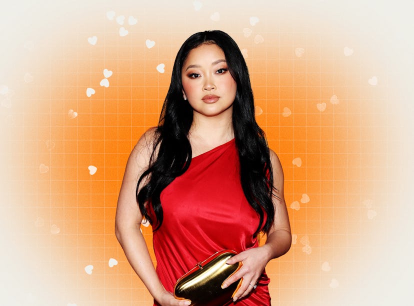 Woman in a red dress holding a golden clutch, against an orange background with heart-shaped decorat...