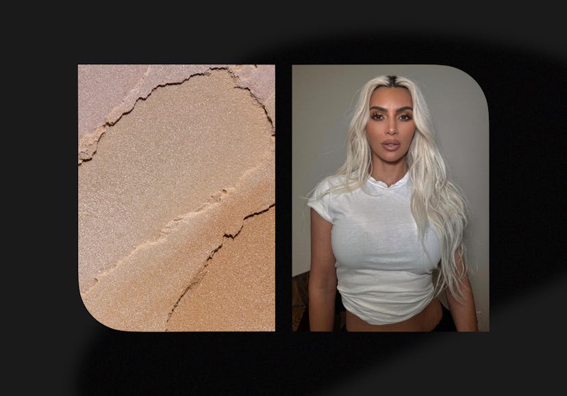 Split image featuring a close-up of cracked beige makeup on the left and a woman with long, platinum...