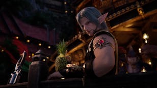 Elven character with long silver hair sits at a bar with glowing lights, holding a pineapple, surrounded by exotic drinks.