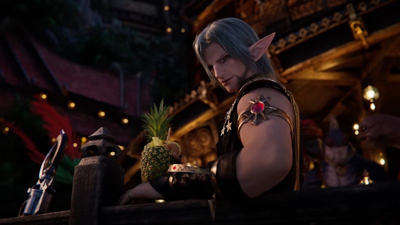 Elven character with long silver hair sits at a bar with glowing lights, holding a pineapple, surrou...