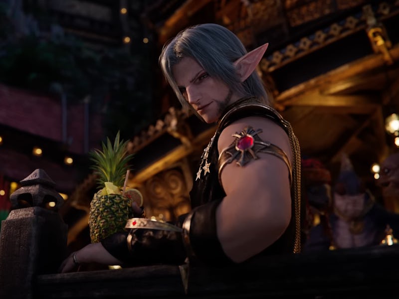Elven character with long silver hair sits at a bar with glowing lights, holding a pineapple, surrou...
