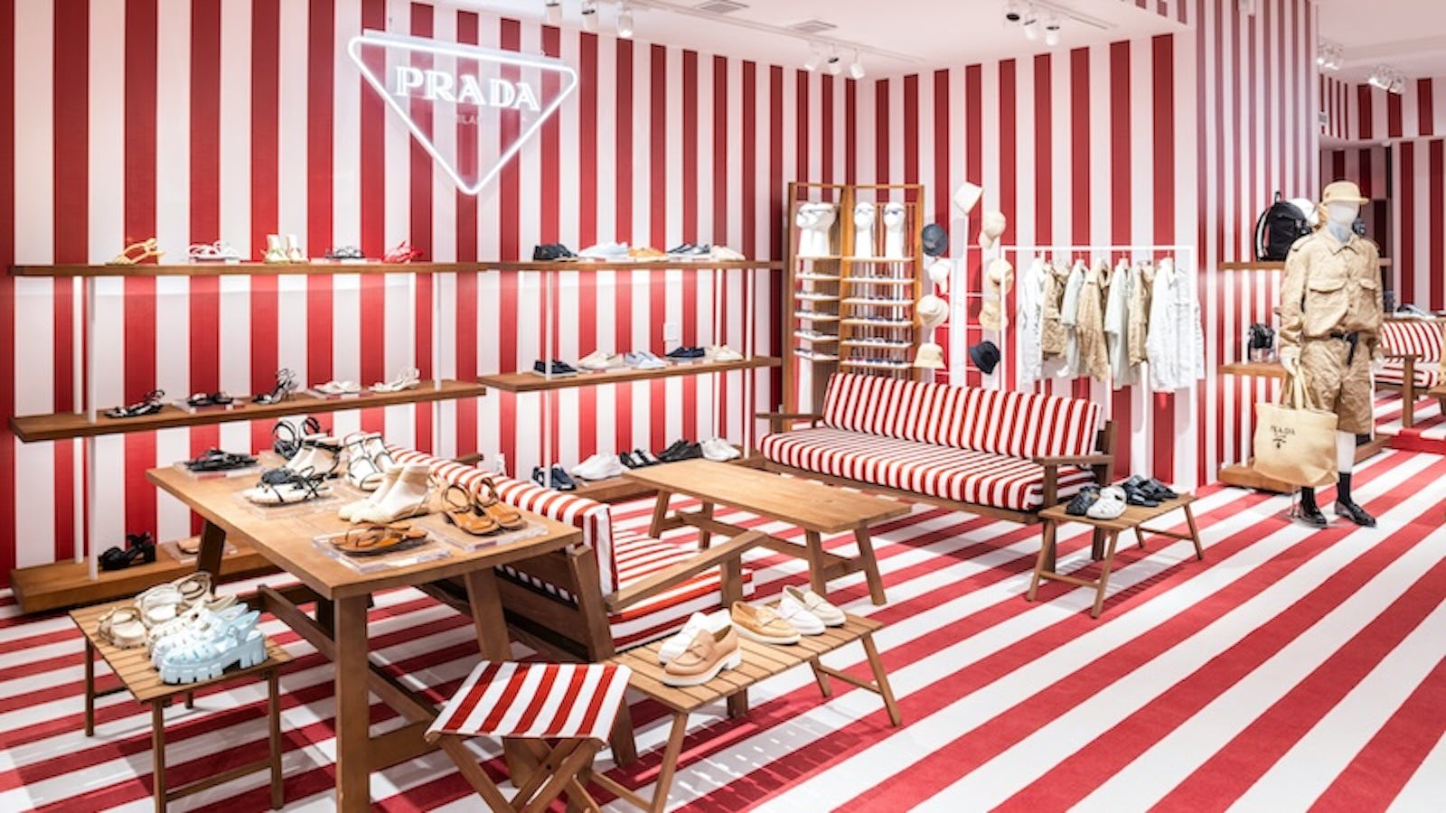 Prada East Hampton store, re-opened for the summer: The 1600-square-foot store features red-and-ivory retro stripes from floor to ceiling, making it the perfect background for your next Instagram post.