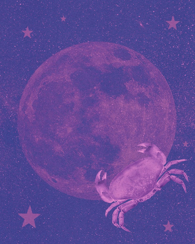 a purple picture of the moon with a cancer crab