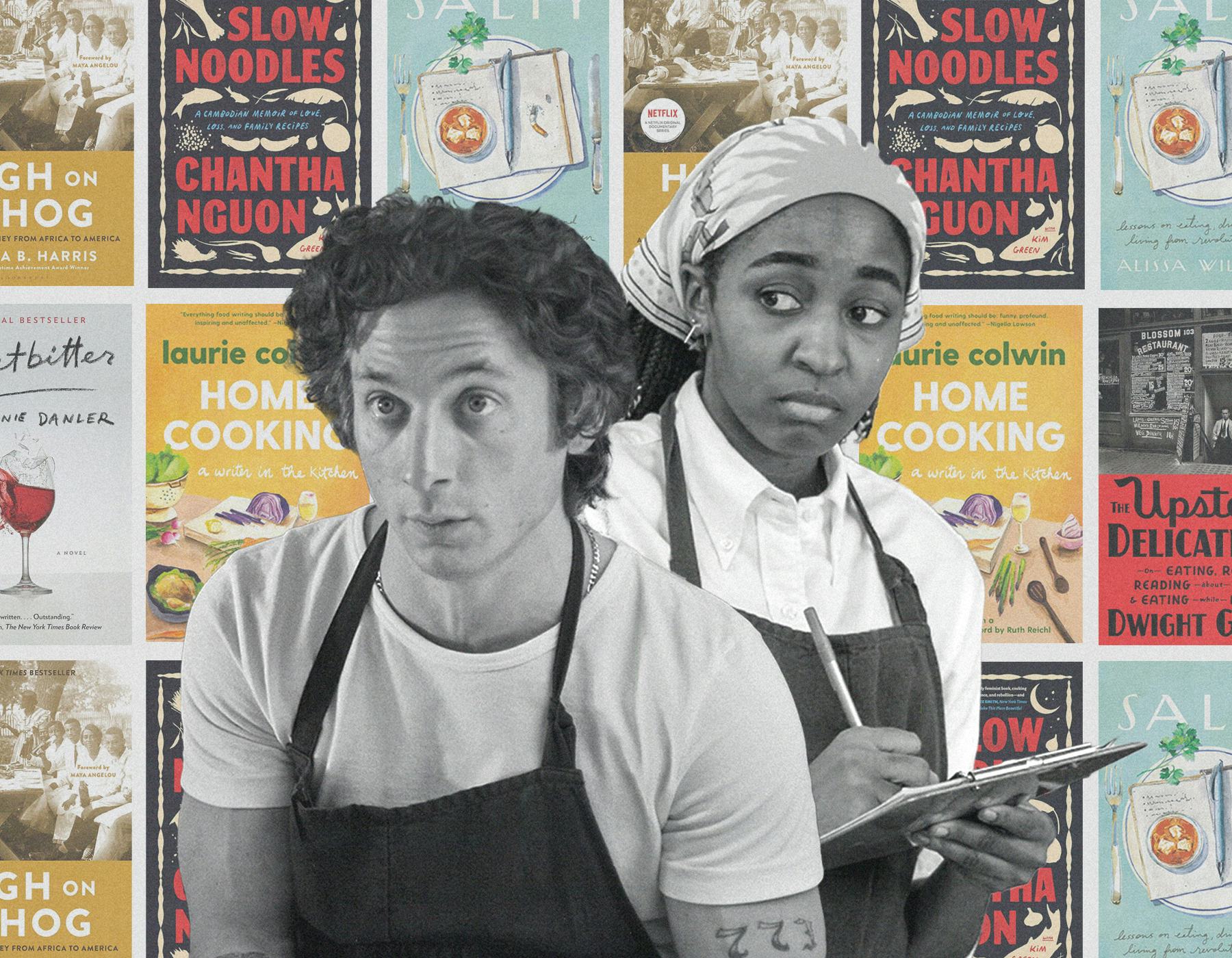 A man and a woman in a kitchen setting, surrounded by various colorful cookbook covers on the backgr...