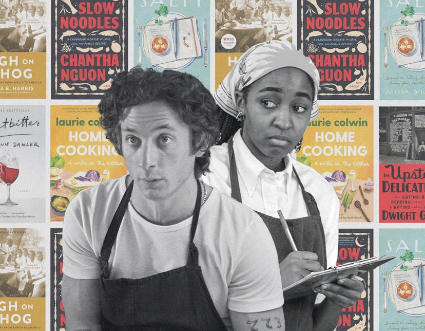 A man and a woman in a kitchen setting, surrounded by various colorful cookbook covers on the backgr...