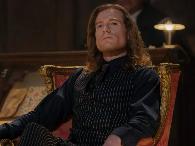 Man with long brown hair seated regally in a striped suit on a golden throne, exuding confidence in ...