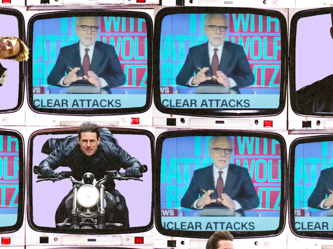 A collage of vintage TV screens showing a man on a motorcycle and a news anchor, repeated multiple times with a pop-art style.