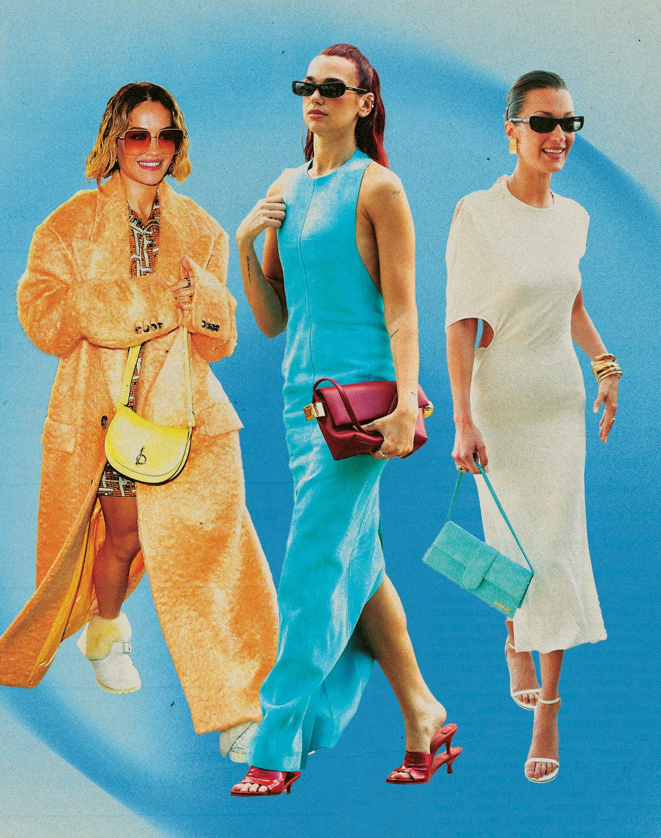 Three stylish women in trendy outfits walking confidently, with a blue background. Each carries a ch...