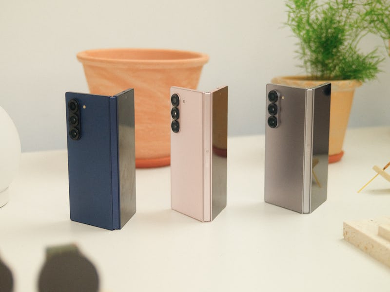 Samsung Galaxy Z Fold 6 in three colors: navy, pink, silver shadow