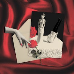 A surreal collage featuring a hand, a rose, a statue on a card, and a revolver on red fabric.