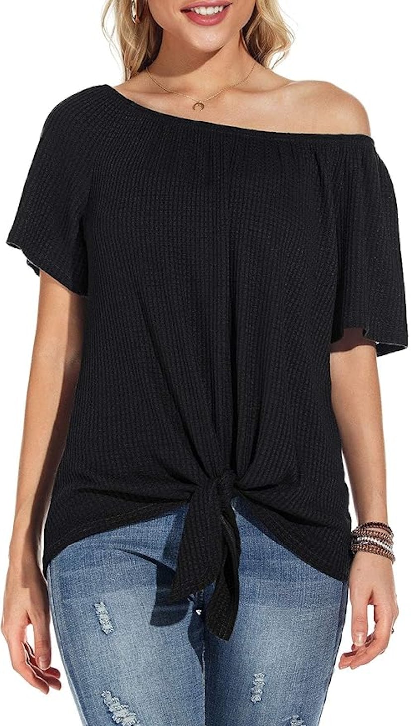 Neineiwu Waffle Knit Off The Shoulder Top