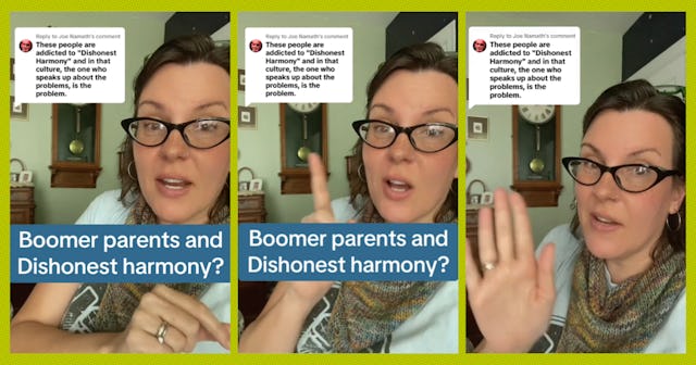 A triptych image of a woman with glasses gesturing with her hands, discussing "Boomer parents and Di...