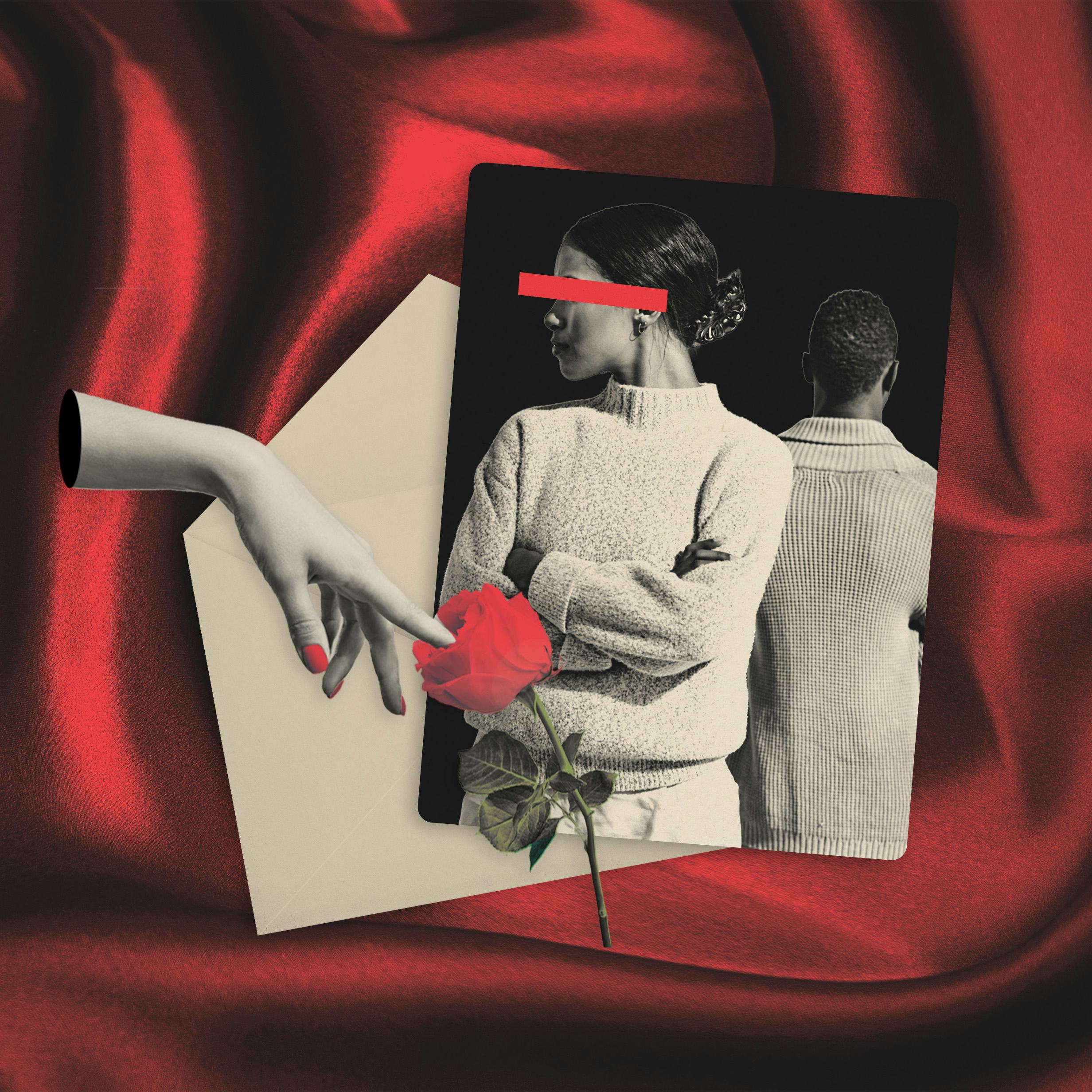 A surrealist collage with a red rose, hands exchanging a rose, and photos of faceless figures, all o...